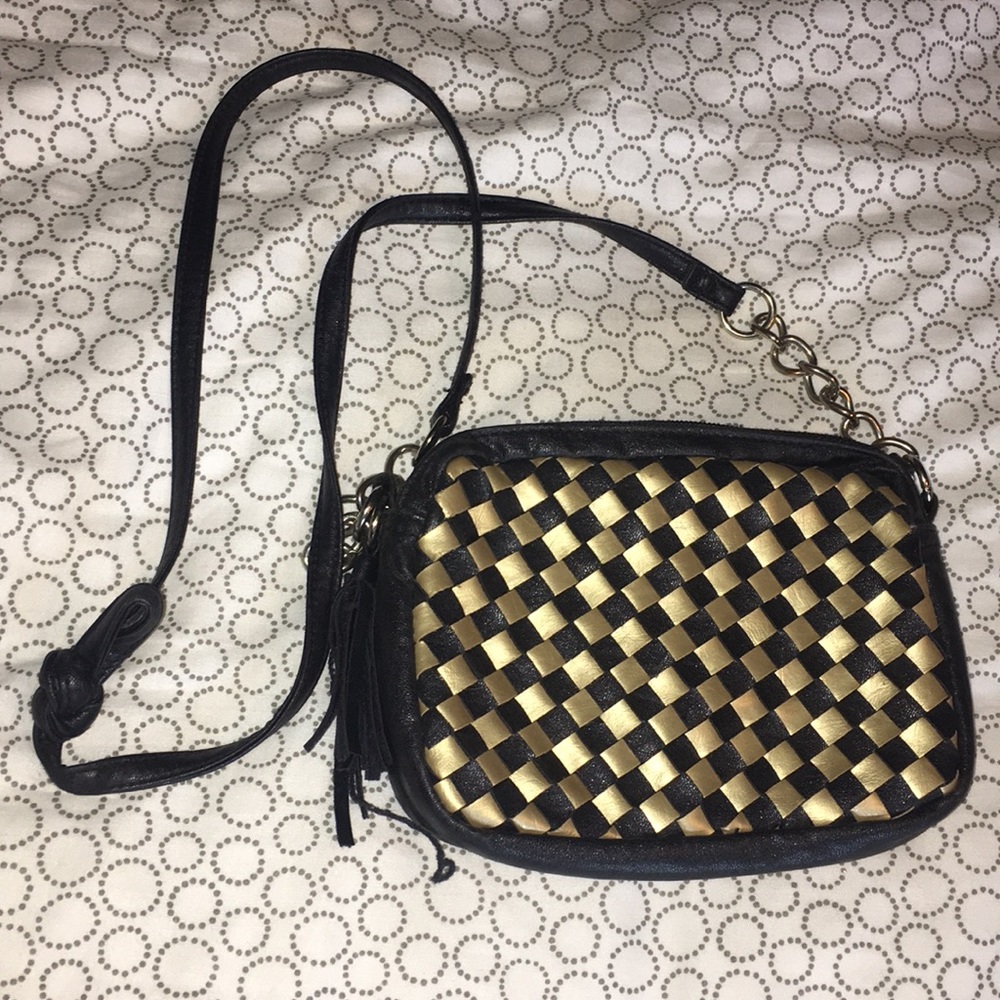 Checkered black and gold cross body bag
